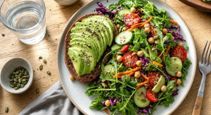 Tranche de pain complet garnie d'avocat tranché, accompagnée d'une salade colorée. L'avocat, bienfait pour la santé, est ici sublimé.