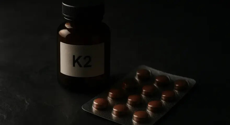 Flacon étiqueté K2 et blister de pilules sur fond sombre. Attention au vitamine k danger.