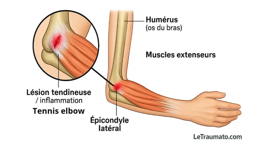 Illustration d'une tendinite du coude, aussi appelée "tennis elbow", montrant l'inflammation de l'épicondyle latéral.