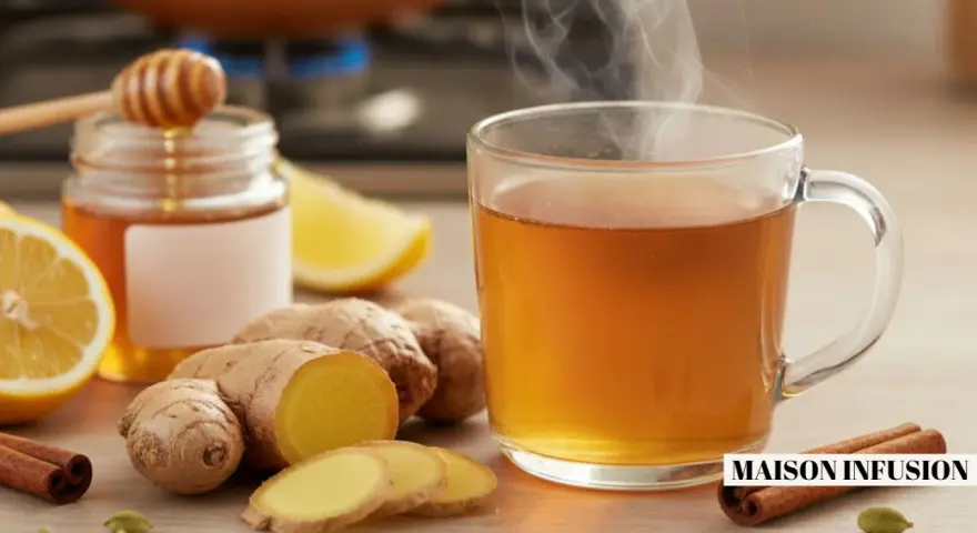 Une tasse fumante d'infusion gingembre, avec du miel, du citron et des épices. Parfait pour se réchauffer.