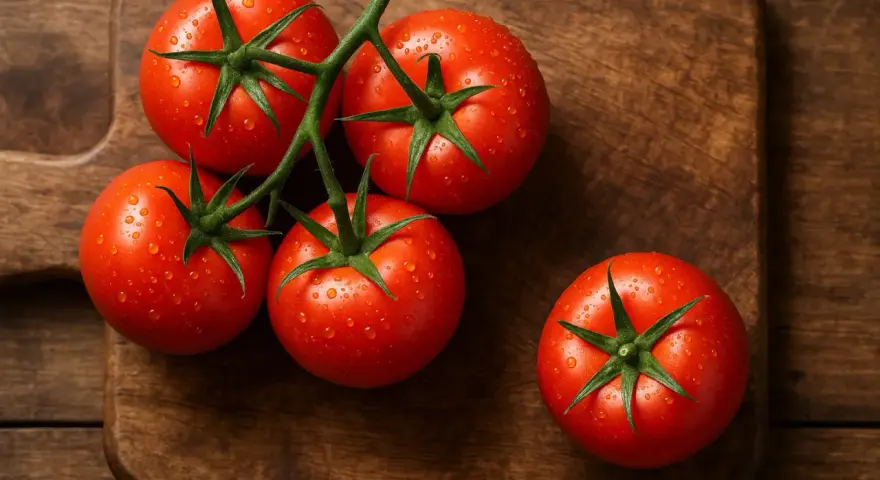 Cinq tomates rouges et juteuses, couvertes de gouttelettes d'eau, reposent sur une planche à découper en bois. Une faible calorie tomate pour une alimentation saine.