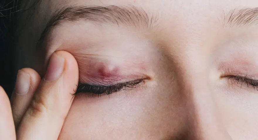 Un chalazion rouge et enflammé sur la paupière, causant une fatigue visuelle.