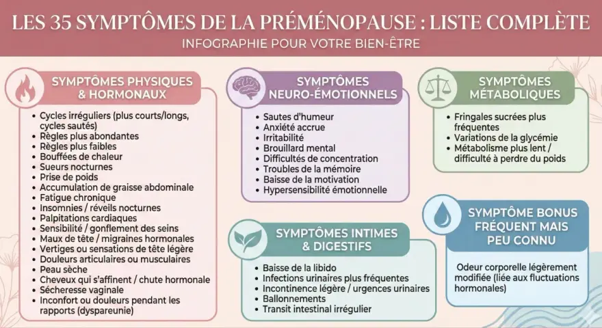 Infographie listant les 35 symptômes de la préménopause, incluant des signes physiques, neuro-émotionnels, intimes, digestifs et métaboliques.