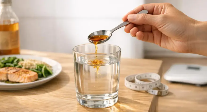 Une cuillère verse du vinaigre de cidre dans un verre d'eau. À côté, un plat de saumon et des légumes, une balance et un mètre ruban suggèrent un repas sain.