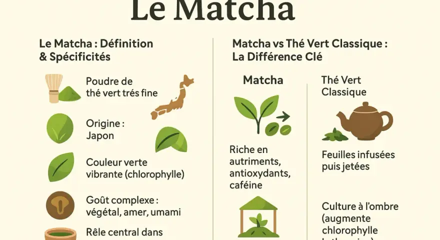 Infographie sur le matcha : poudre fine, origine Japon, couleur verte vibrante, goût complexe. Ses thé bienfaits incluent antioxydants et L-théanine.