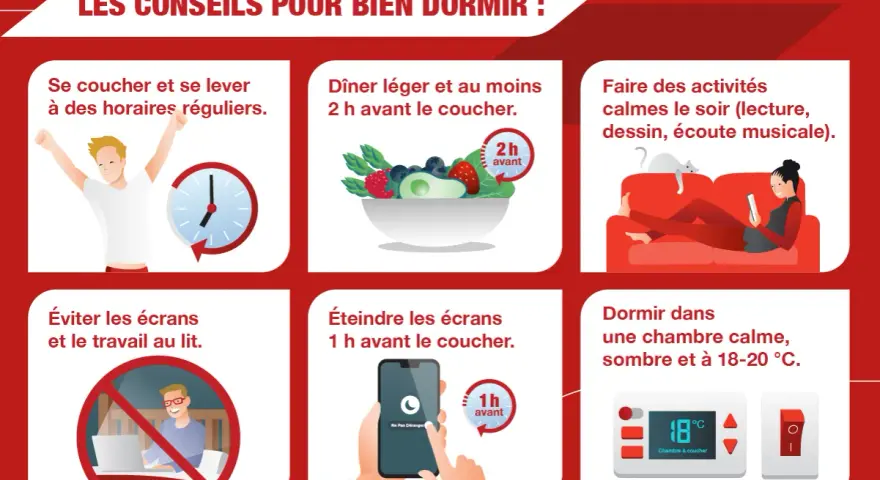 Conseils pour bien dormir : horaires réguliers, dîner léger 2h avant, activités calmes, éviter écrans et travail au lit, chambre sombre et fraîche. Lutte contre l'insomnie cause.