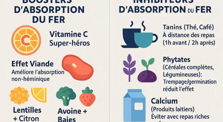 Vitamine C, viande, lentilles et avoine boostent l'absorption du fer. Évitez thé, café, phytates et calcium avec les repas pour optimiser à quel moment de la journée prendre du fer.