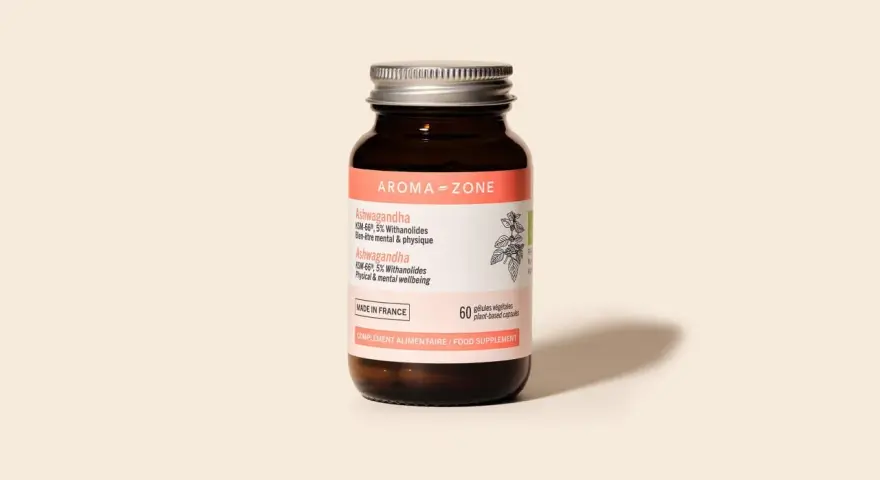 Flacon d'Ashwagandha Aroma-Zone, 60 gélules végétales. Découvrez les ashwagandha bienfaits femme pour le bien-être mental et physique.