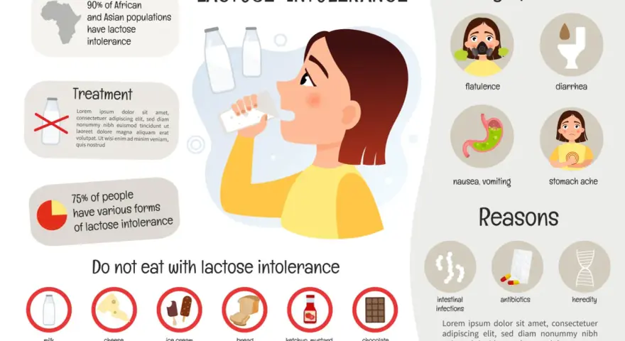 Infographie sur l'intolérance au lactose, ses symptômes (ballonnements, diarrhée, nausées, maux d'estomac), ses causes (infections, antibiotiques, hérédité) et les aliments à éviter.