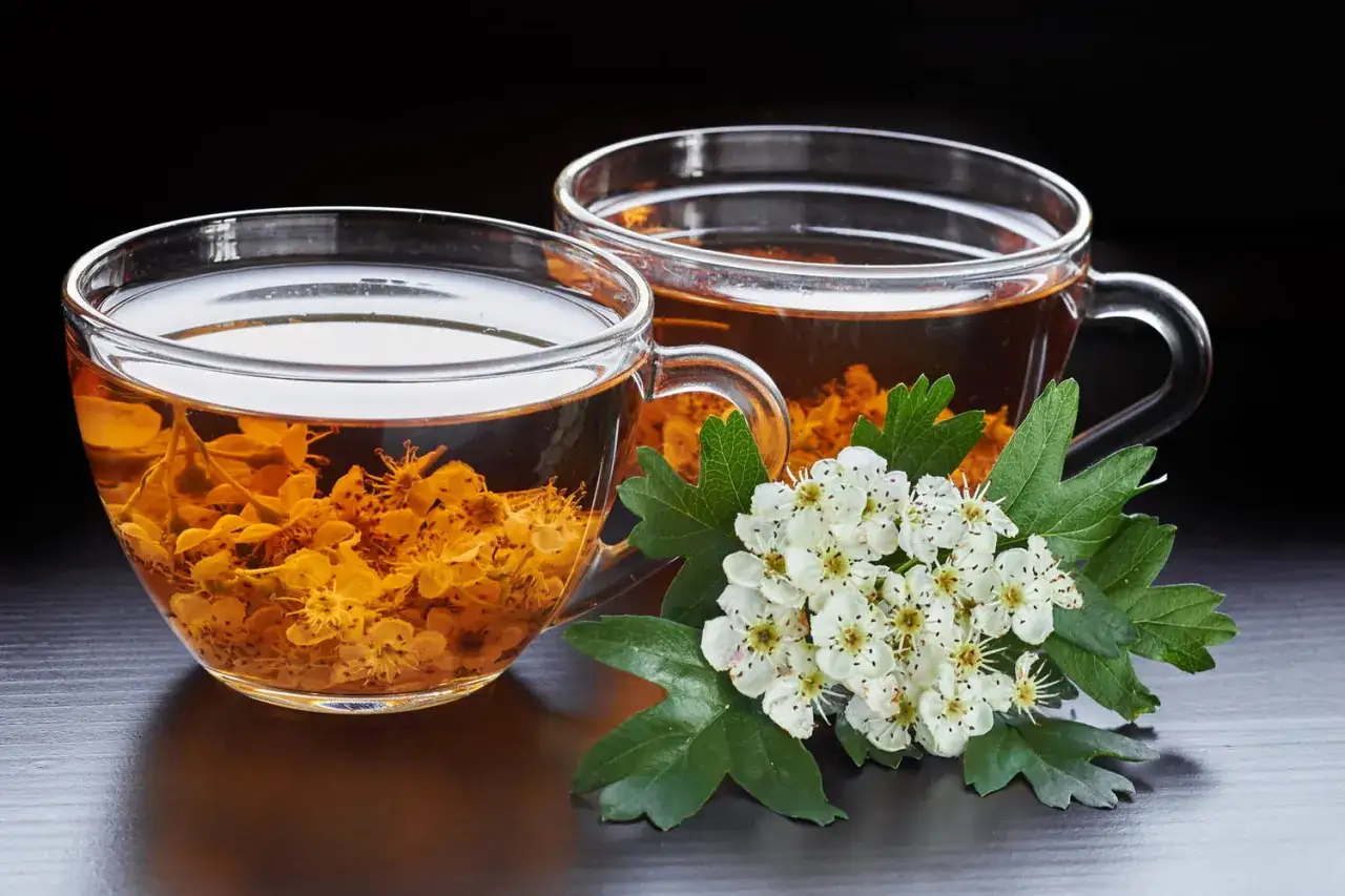 Deux tasses de thé à l'aubépine, aux fleurs jaunes et blanches. Un remède naturel pour le bienfait du cœur.