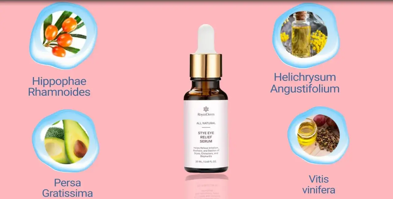 S&eacute;rum naturel pour les yeux, un traitement orgelet naturel &agrave; base d'argousier, d'immortelle, d'avocat et de p&eacute;pins de raisin.