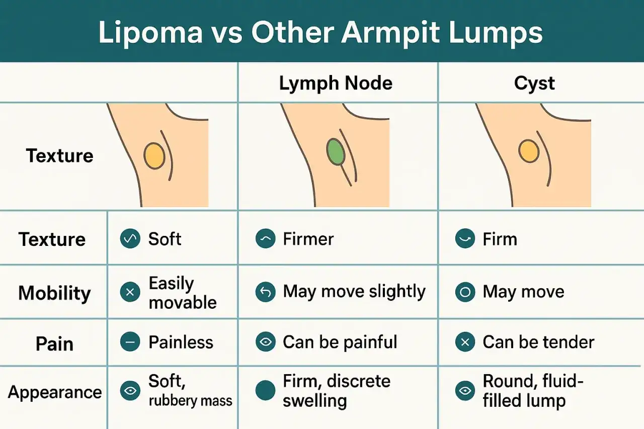 Tableau comparatif : lipome, ganglion lymphatique et kyste sous les aisselles. Un lipome est une masse molle, mobile et indolore.