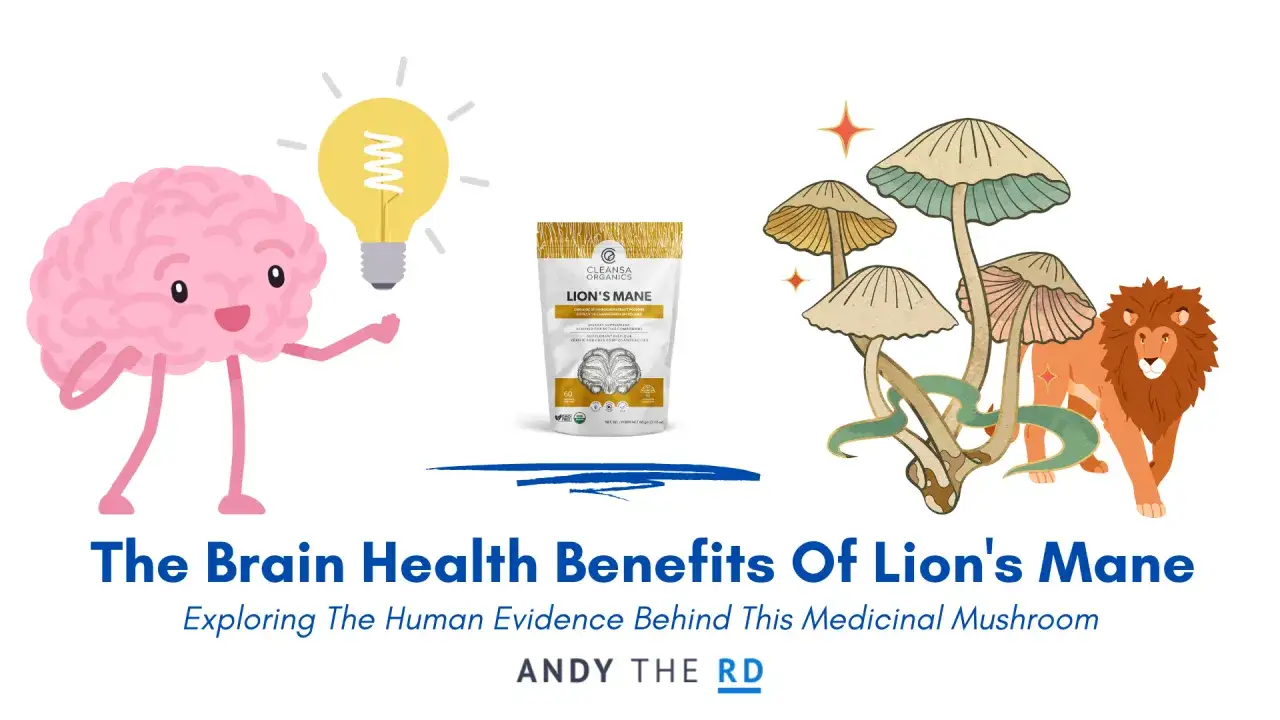 Cerveau joyeux avec ampoule, paquet de Lion's Mane, champignons et lion. Les bienfaits du Lion's Mane pour le cerveau.