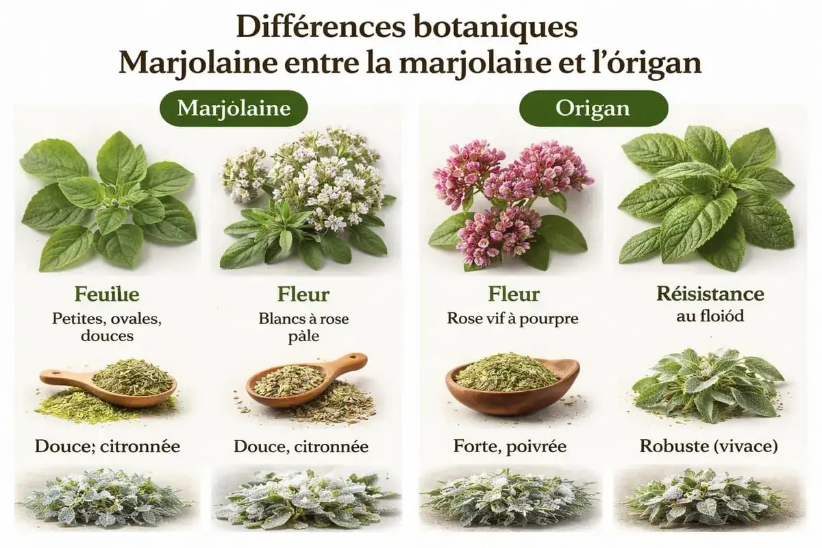 Comparaison visuelle de la marjolaine et de l'origan, montrant feuilles, fleurs, herbes s&eacute;ch&eacute;es et plantes vivaces. Les bienfaits de la marjolaine incluent sa douceur citronn&eacute;e.