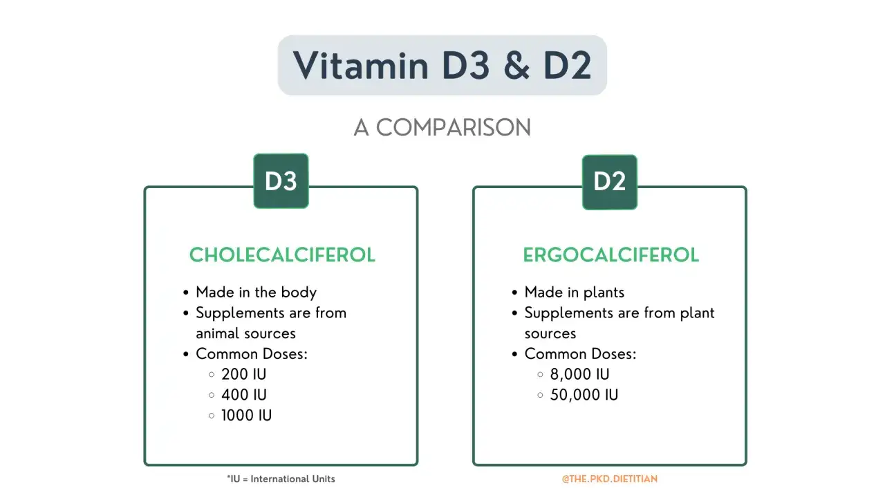 Comparaison entre la vitamine D3 (chol&eacute;calcif&eacute;rol) et la vitamine D2 (ergocalcif&eacute;rol), leurs origines et doses communes.