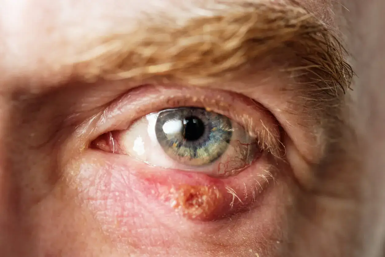 Œil humain avec un chalazion rouge et enflammé sur la paupière inférieure, qui peut causer fatigue et inconfort.