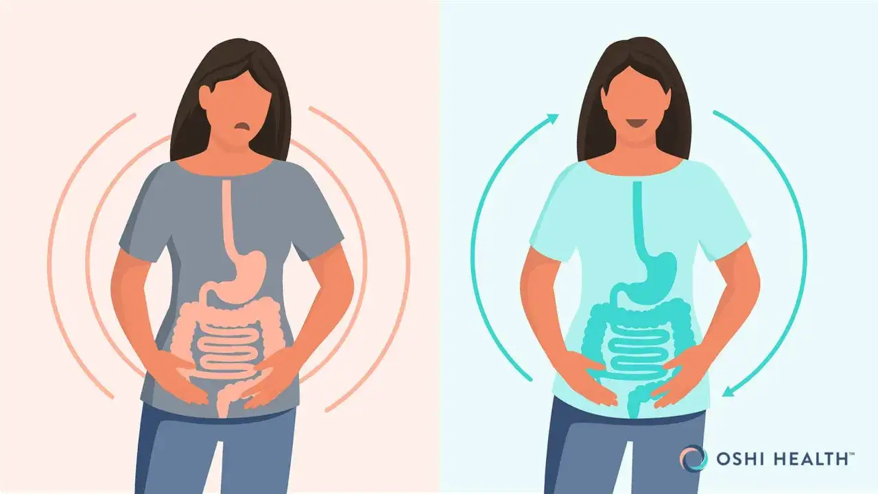 Femme souffrant de spasmes intestinaux (gauche) et femme apais&eacute;e (droite), montrant le syst&egrave;me digestif.