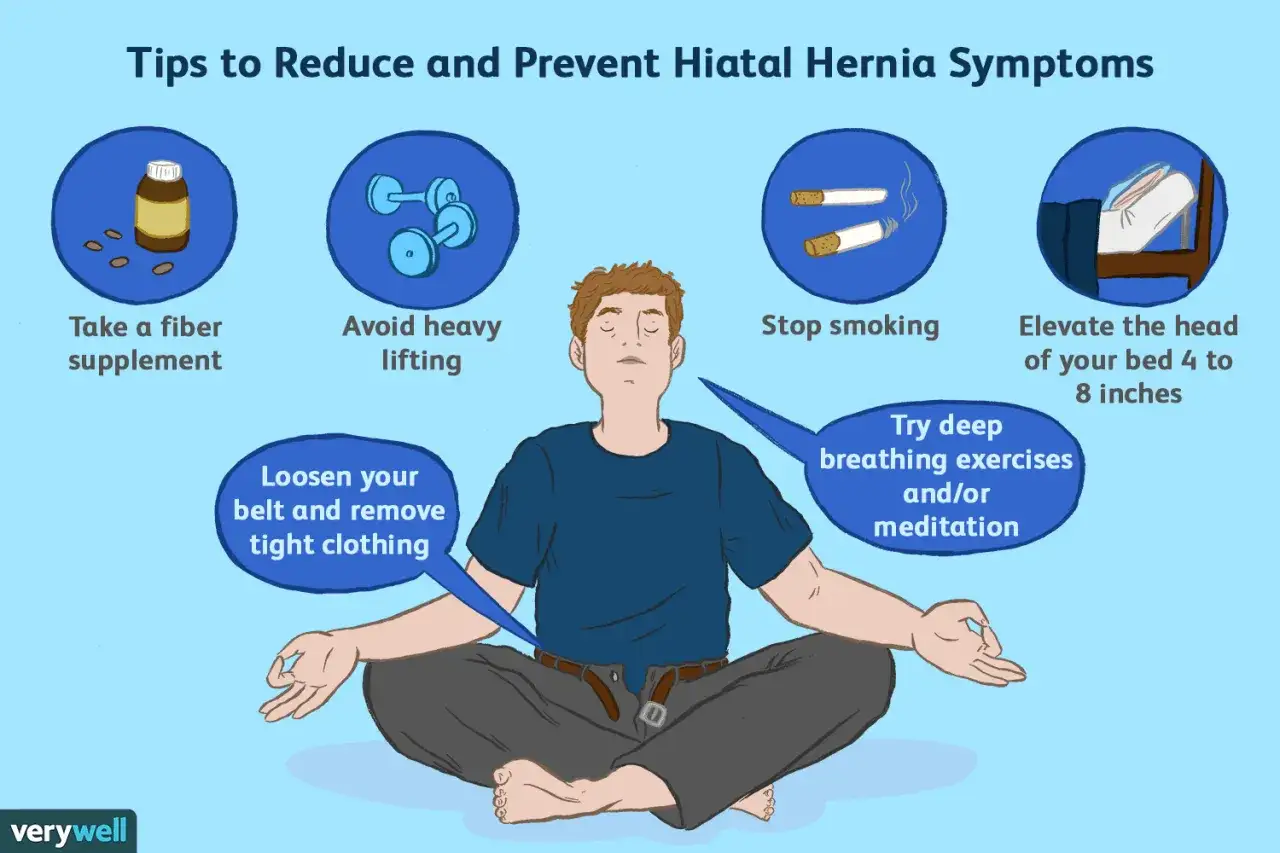 Conseils pour r&eacute;duire les sympt&ocirc;mes de hernie hiatale : suppl&eacute;ment de fibres, &eacute;viter les efforts, arr&ecirc;ter de fumer, sur&eacute;lever le lit, m&eacute;ditation. Rem&egrave;de de grand-m&egrave;re pour le confort.