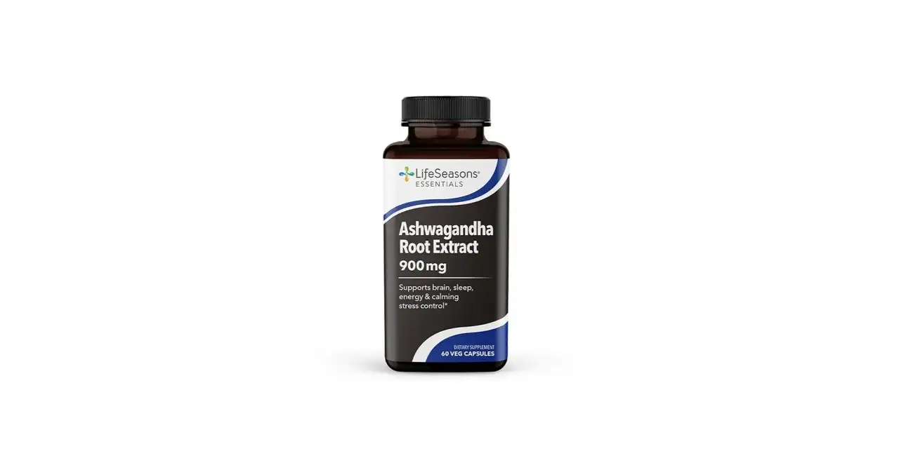 Flacon d'Ashwagandha Root Extract 900mg de LifeSeasons, pour les ashwagandha bienfaits homme : énergie, sommeil, gestion du stress.