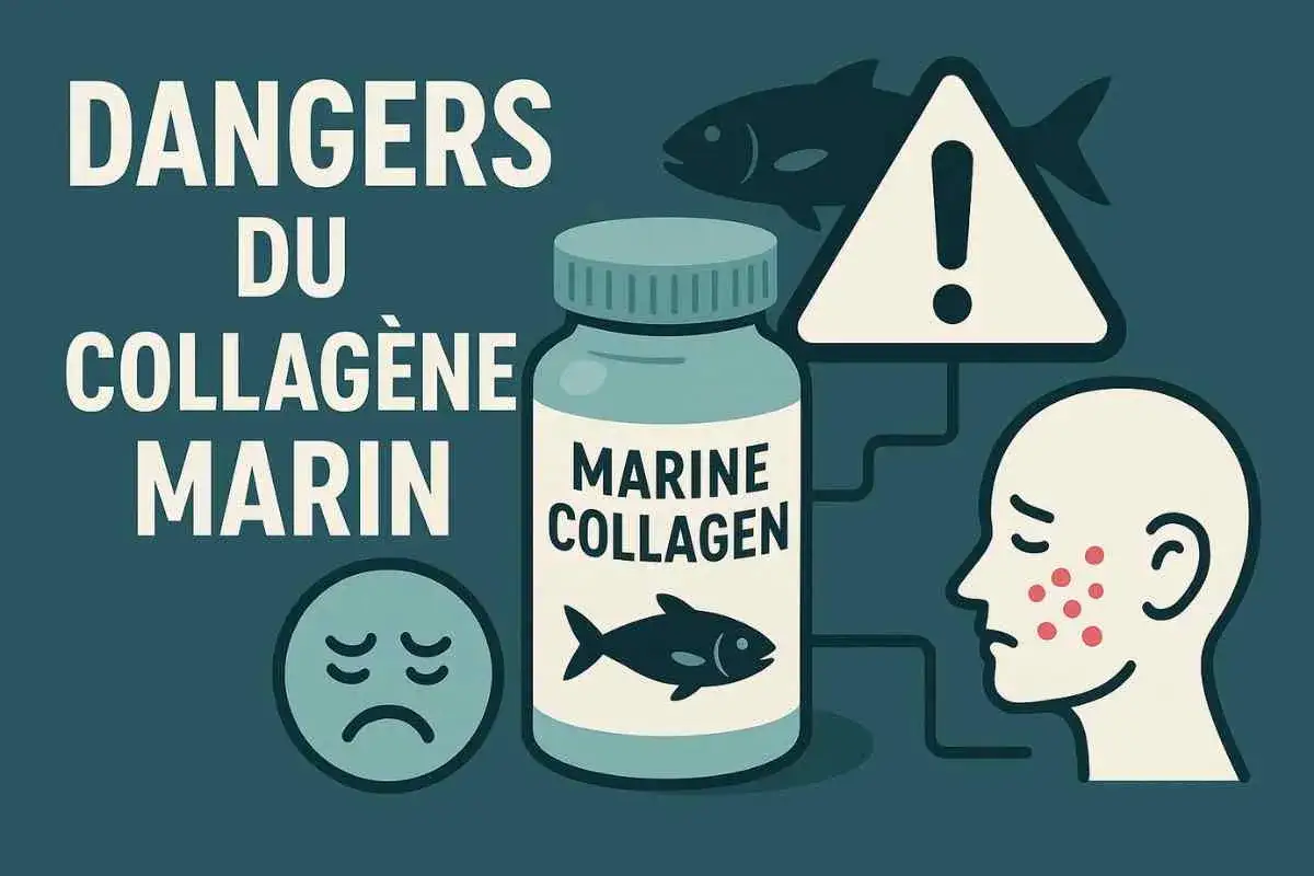 Illustration des dangers du collag&egrave;ne marin : une bouteille, un visage avec des boutons, un panneau d'avertissement et un poisson.