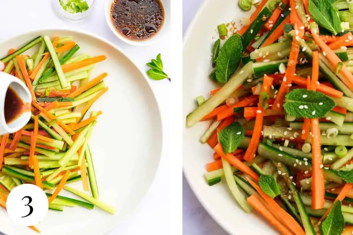 Salade croquante de concombre et carottes, assaisonnée d'une sauce savoureuse. Les concombre bienfaits pour la fraîcheur et l'hydratation.