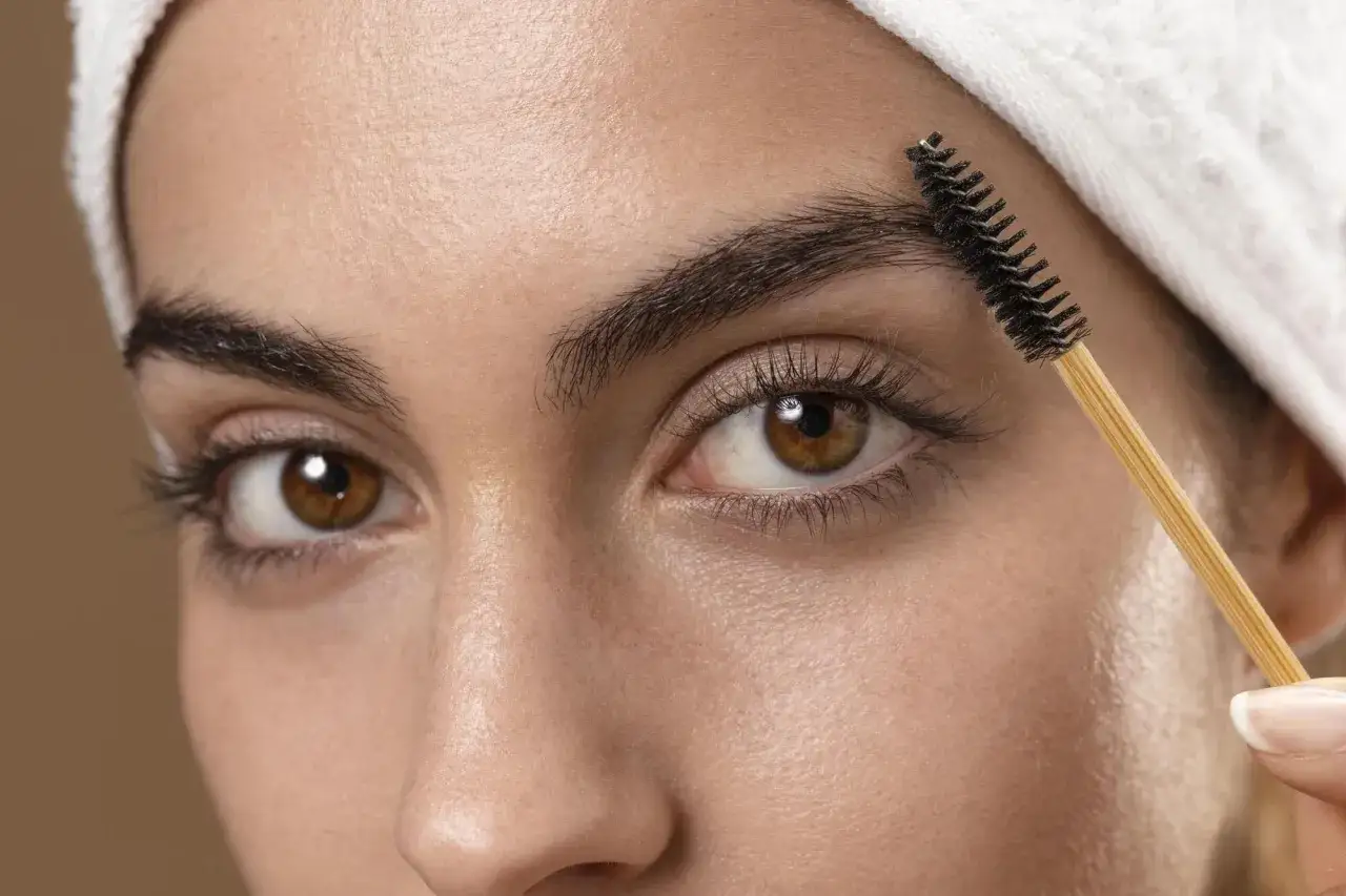 Une femme applique de l'huile de ricin sur ses cils avec une brosse. Ses yeux marron sont mis en valeur par ses longs cils.