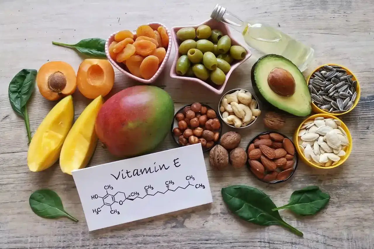 Un assortiment coloré d'aliments riches en vitamine E : avocats, amandes, noisettes, noix, graines de tournesol, abricots secs, mangue, olives et épinards.