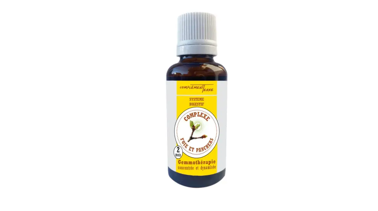 Flacon de gemmoth&eacute;rapie pour comment nettoyer son foie et pancr&eacute;as naturellement. Complexe Foie et Pancr&eacute;as, syst&egrave;me digestif.