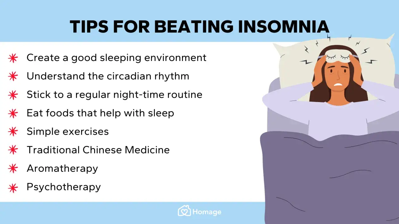 Conseils pour vaincre l'insomnie : environnement propice, rythme circadien, routine, alimentation, exercices, MTC, aromath&eacute;rapie, psychoth&eacute;rapie.