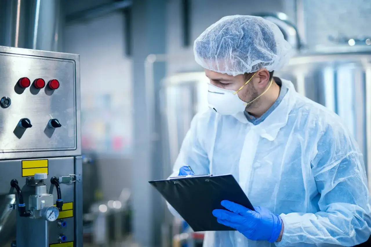 Un technicien en tenue de protection v&eacute;rifie un panneau de contr&ocirc;le, attentif aux risques potentiels de la spiruline.