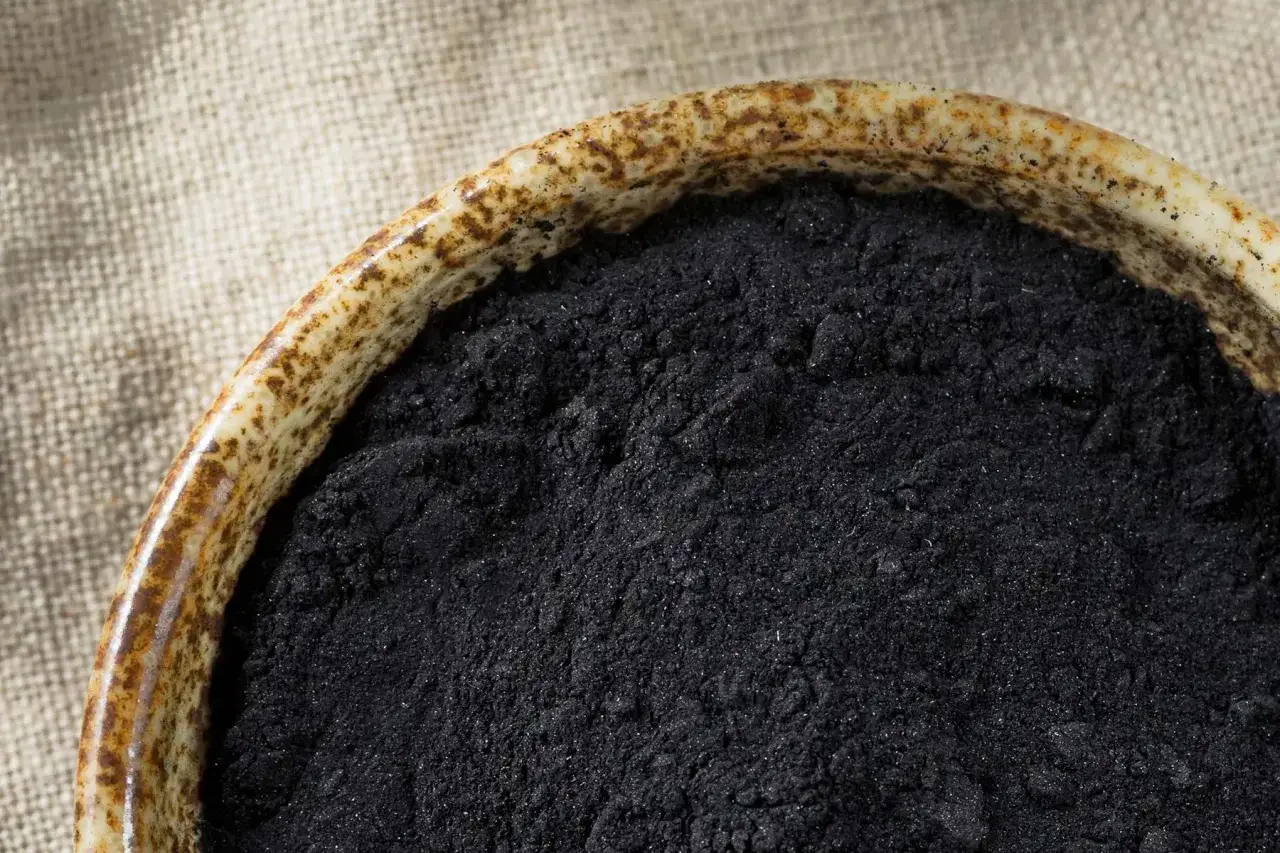 Poudre de charbon actif dans un bol, pr&ecirc;te pour une cure d&eacute;tox avant de dormir.