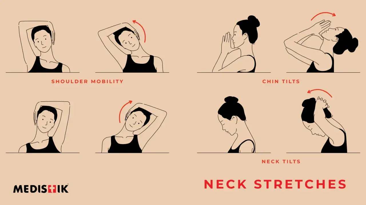 Exercices pour soulager la douleur cervicale, un remède de grand-mère efficace. Étirements du cou et mobilité des épaules illustrés.