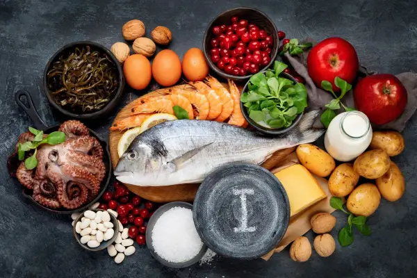 Découvrez les bienfaits de l'iode à travers ces aliments : poisson, fruits de mer, algues, œufs, produits laitiers, pommes, cranberries, haricots, pommes de terre, noix et fromage.