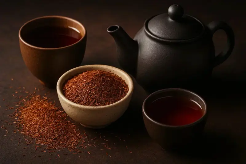 Découvrez le rooibos : une théière et des tasses de thé rouge ambré, avec un bol de feuilles de rooibos séchées.