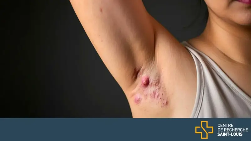 Gros plan sur une aisselle présentant plusieurs boutons rouges et enflammés, certains ressemblant à des kystes.