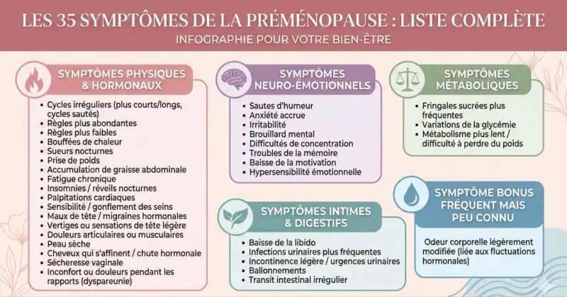 Infographie listant les 35 symptômes de la préménopause, incluant des signes physiques, neuro-émotionnels, intimes, digestifs et métaboliques.
