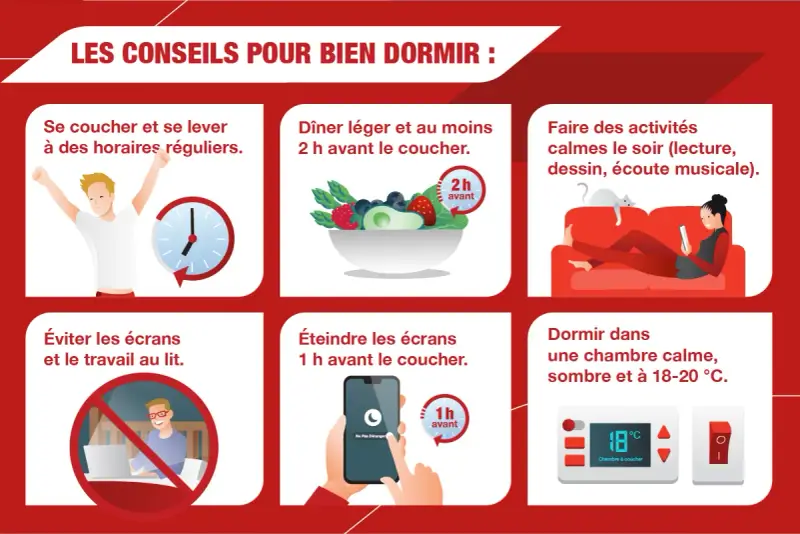 Conseils pour bien dormir : horaires réguliers, dîner léger 2h avant, activités calmes, éviter écrans et travail au lit, chambre sombre et fraîche. Lutte contre l'insomnie cause.